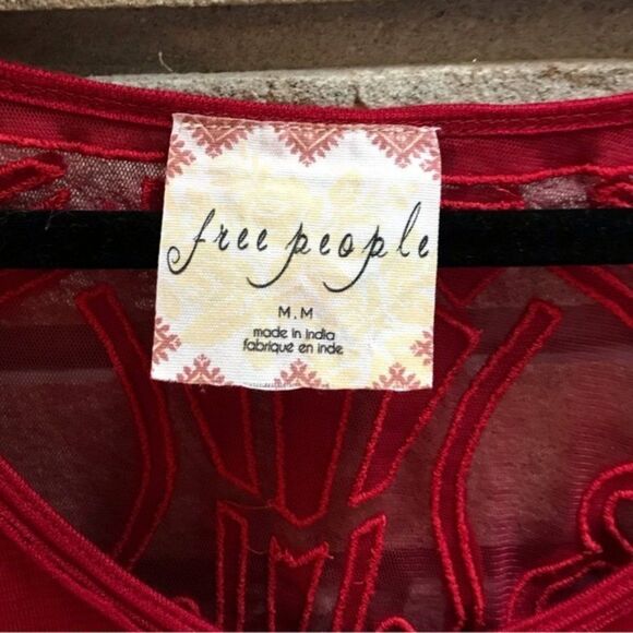 Free People Gatsby Top Embroidered Mesh Maroon Red Medium - Picture 7 of 15